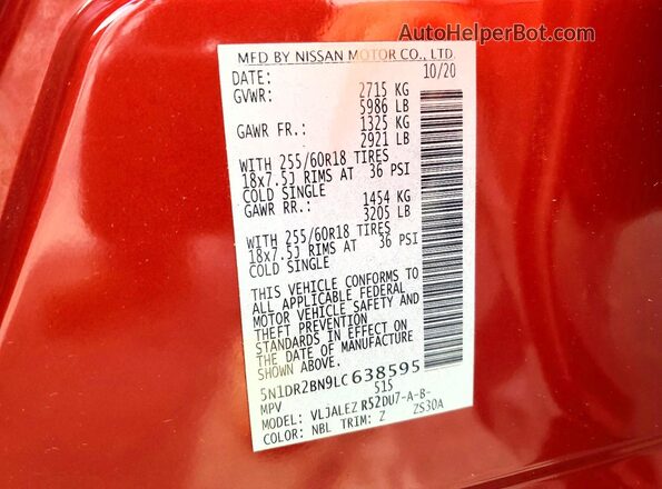 5N1DR2BN9LC638595 2020 NISSAN PATHFINDER Red VIN კოდის სტიკერის ხედი