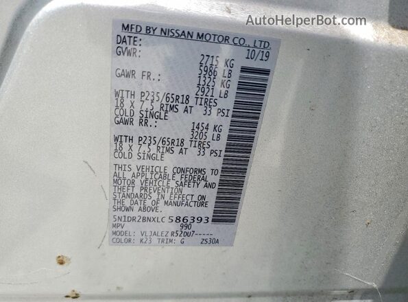 5N1DR2BNXLC586393 2020 NISSAN PATHFINDER Серебряный Вид наклейки с VIN-кодом
