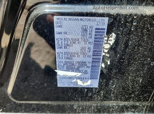 5N1DR2CM0LC594444 2020 NISSAN PATHFINDER Black Vista de la etiqueta del VIN