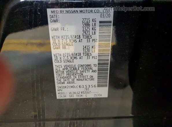 5N1DR2CM0LC615356 2020 NISSAN PATHFINDER Black VIN კოდის სტიკერის ხედი