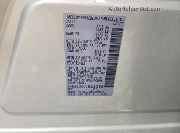 5N1DR2CM2LC611289 2020 NISSAN PATHFINDER Серебряный Вид наклейки с VIN-кодом