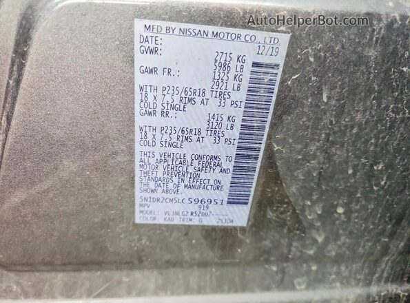 5N1DR2CM5LC596951 2020 NISSAN PATHFINDER Silver Вид наклейки з VIN-кодом