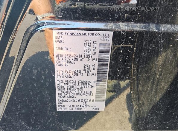 5N1DR2CM5LC603266 2020 NISSAN PATHFINDER Black Вид наклейки з VIN-кодом