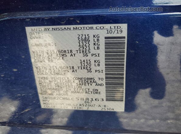5N1DR2CM6LC588163 2020 NISSAN PATHFINDER Blue VIN კოდის სტიკერის ხედი