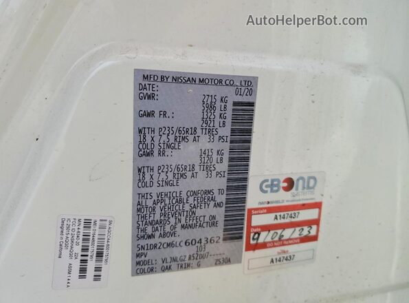 5N1DR2CM6LC604362 2020 NISSAN PATHFINDER Белый Вид наклейки с VIN-кодом