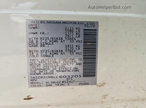 5N1DR2CM6LC605205 2020 NISSAN PATHFINDER Белый Вид наклейки с VIN-кодом