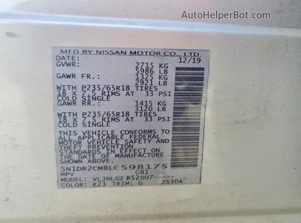 5N1DR2CM8LC598175 2020 NISSAN PATHFINDER Silver VIN კოდის სტიკერის ხედი