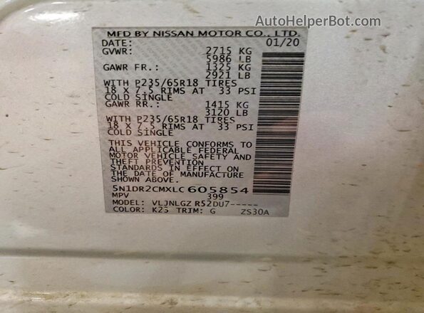 5N1DR2CMXLC605854 2020 NISSAN PATHFINDER Серебряный Вид наклейки с VIN-кодом