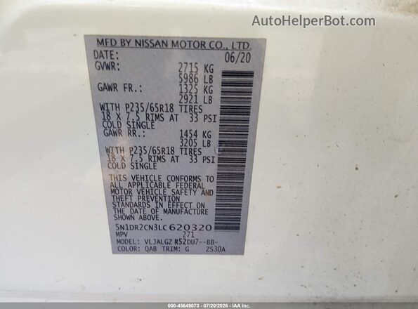 5N1DR2CN3LC620320 2020 NISSAN PATHFINDER White Widok komory silnika