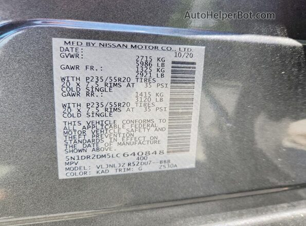 5N1DR2DM5LC640848 2020 NISSAN PATHFINDER Gray VIN sticker view
