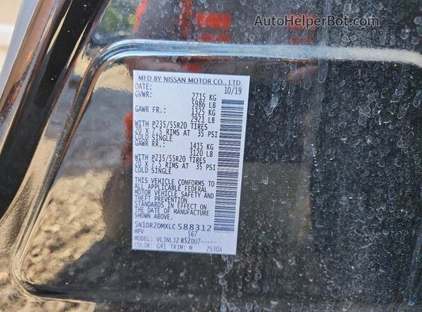 5N1DR2DMXLC588312 2020 NISSAN PATHFINDER Black VIN კოდის სტიკერის ხედი