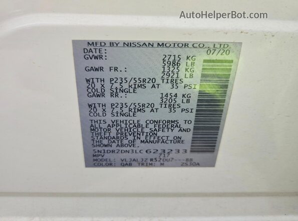 5N1DR2DN3LC623233 2020 NISSAN PATHFINDER White Widok naklejki z numerem VIN