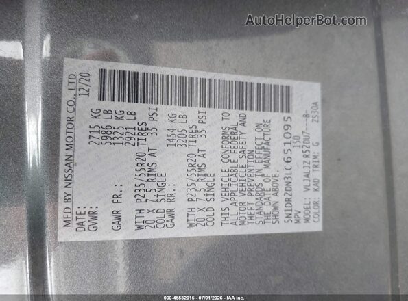 5N1DR2DN3LC651095 2020 NISSAN PATHFINDER Gray Engine compartment view