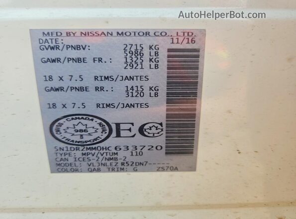 5N1DR2MM0HC633720 2017 NISSAN PATHFINDER White VIN կոդի պիտակի տեսք