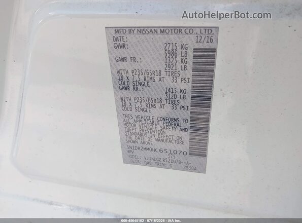 5N1DR2MM0HC651070 2017 NISSAN PATHFINDER White Widok komory silnika