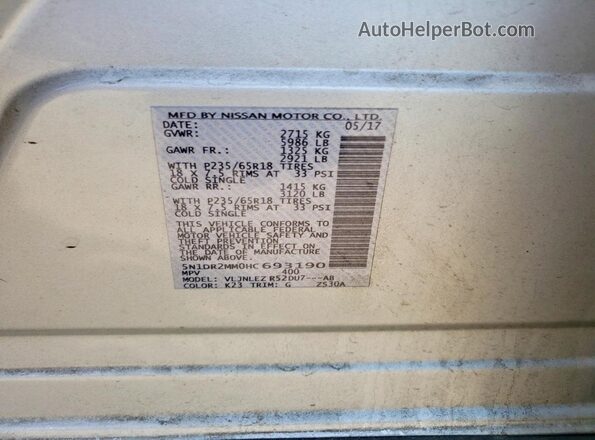 5N1DR2MM0HC693190 2017 NISSAN PATHFINDER Silver Vista de la etiqueta del VIN