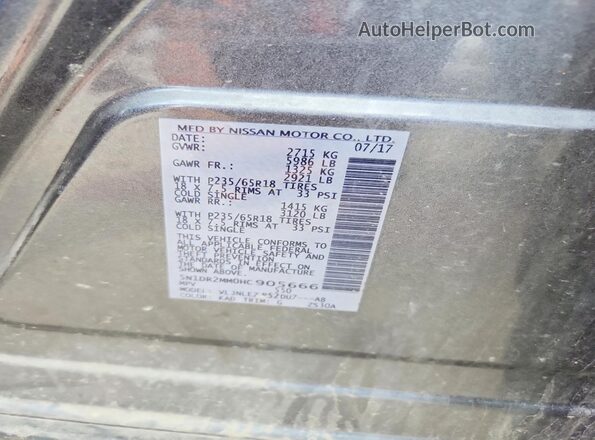 5N1DR2MM0HC905666 2017 NISSAN PATHFINDER Gray Вид наклейки з VIN-кодом