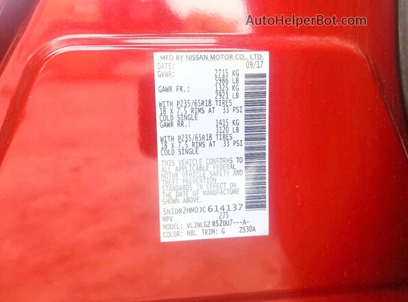 5N1DR2MM0JC614137 2018 NISSAN PATHFINDER Burgundy Vista de la etiqueta del VIN