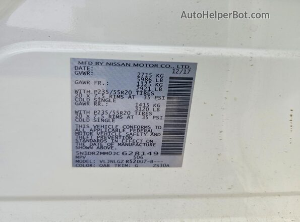 5N1DR2MM0JC628149 2018 NISSAN PATHFINDER White Вид наклейки з VIN-кодом