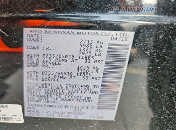 5N1DR2MM0JC656517 2018 NISSAN PATHFINDER Black Widok naklejki z numerem VIN