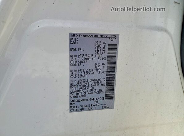 5N1DR2MM0KC640223 2019 NISSAN PATHFINDER White VIN կոդի պիտակի տեսք