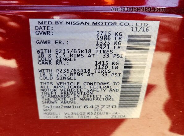 5N1DR2MM1HC642720 2017 NISSAN PATHFINDER Red Вид наклейки з VIN-кодом