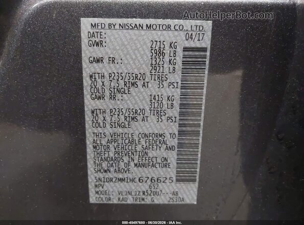 5N1DR2MM1HC676625 2017 NISSAN PATHFINDER Gray Vista del compartimento del motor