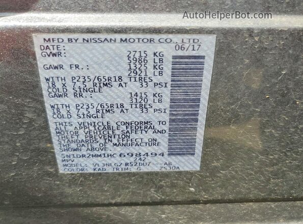 5N1DR2MM1HC698494 2017 NISSAN PATHFINDER Gray Widok wnętrza 360 stopni