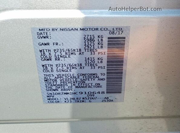 5N1DR2MM1HC910648 2017 NISSAN PATHFINDER Silver VIN კოდის სტიკერის ხედი