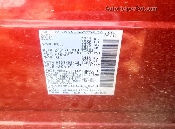 5N1DR2MM1JC613823 2018 NISSAN PATHFINDER Red VIN კოდის სტიკერის ხედი