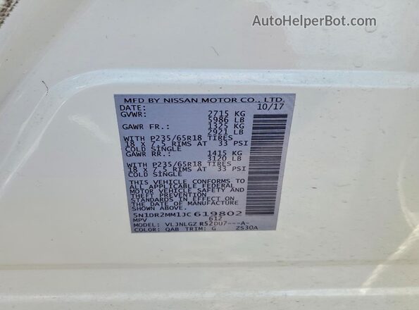5N1DR2MM1JC619802 2018 NISSAN PATHFINDER White სალონის 360-გრადუსიანი ხედი