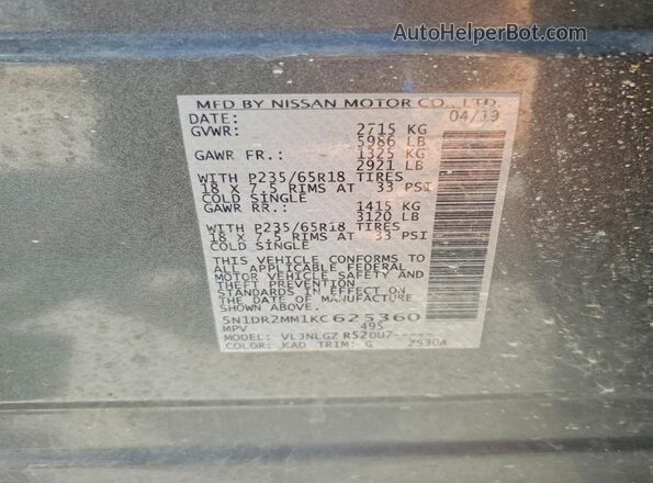 5N1DR2MM1KC625360 2019 NISSAN PATHFINDER Gray VIN კოდის სტიკერის ხედი