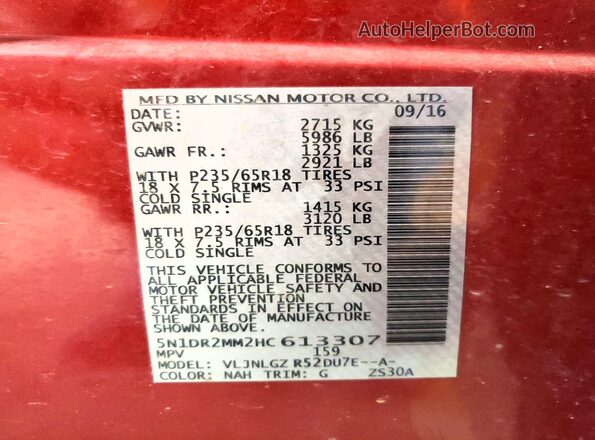 5N1DR2MM2HC613307 2017 NISSAN PATHFINDER Red Widok naklejki z numerem VIN