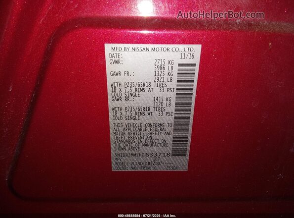 5N1DR2MM2HC633718 2017 NISSAN PATHFINDER Red Շարժիչի բաժամունքի տեսք