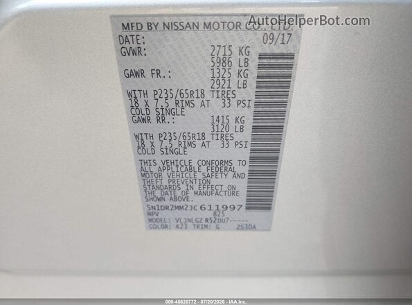 5N1DR2MM2JC611997 2018 NISSAN PATHFINDER Silver Вид підкапотного простору
