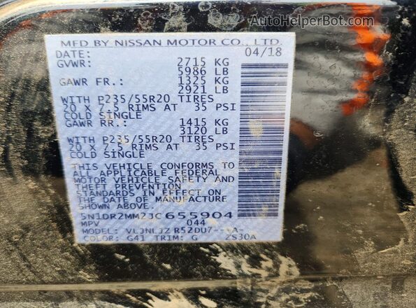 5N1DR2MM2JC655904 2018 NISSAN PATHFINDER Black Вид наклейки з VIN-кодом