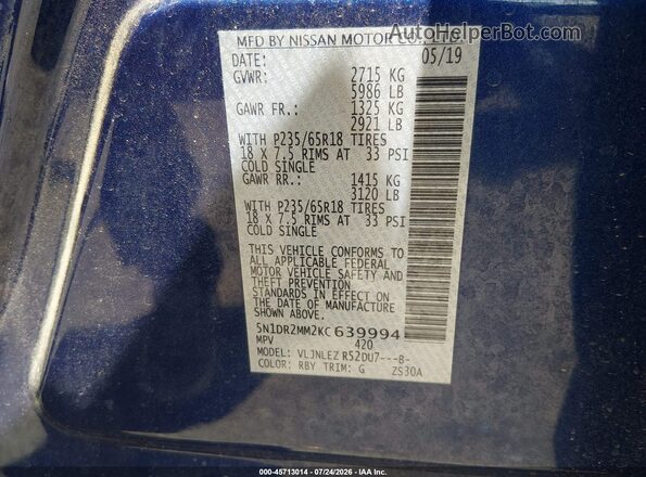 5N1DR2MM2KC639994 2019 NISSAN PATHFINDER Синий Вид подкапотного пространства