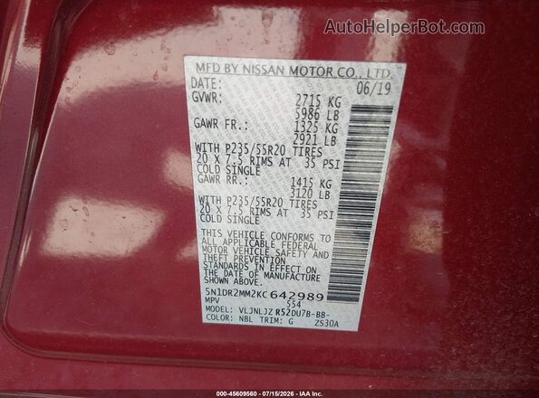 5N1DR2MM2KC642989 2019 NISSAN PATHFINDER Red Engine compartment view