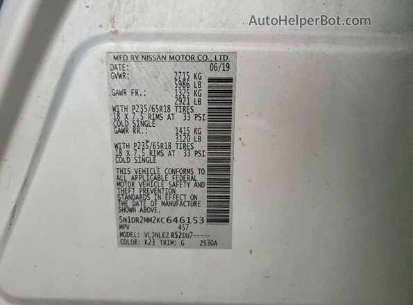 5N1DR2MM2KC646153 2019 NISSAN PATHFINDER Silver სალონის 360-გრადუსიანი ხედი