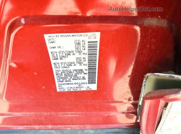 5N1DR2MM3HC601005 2017 NISSAN PATHFINDER Red Vista de la etiqueta del VIN
