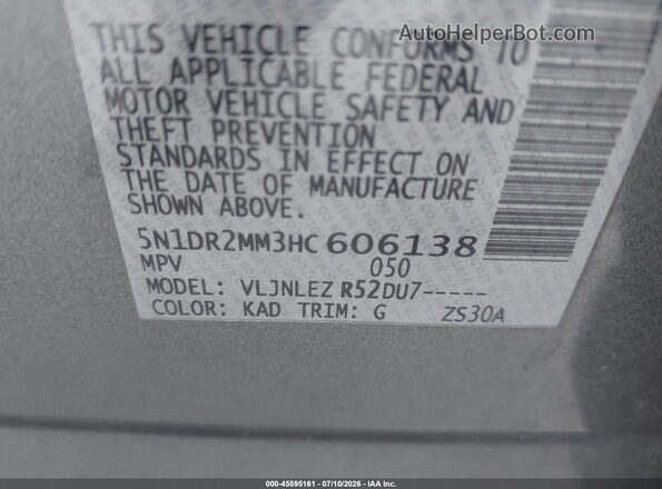 5N1DR2MM3HC606138 2017 NISSAN PATHFINDER Gray Vista del compartimento del motor