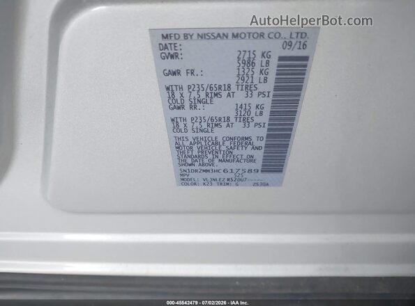 5N1DR2MM3HC617589 2017 NISSAN PATHFINDER Silver Vista del compartimento del motor