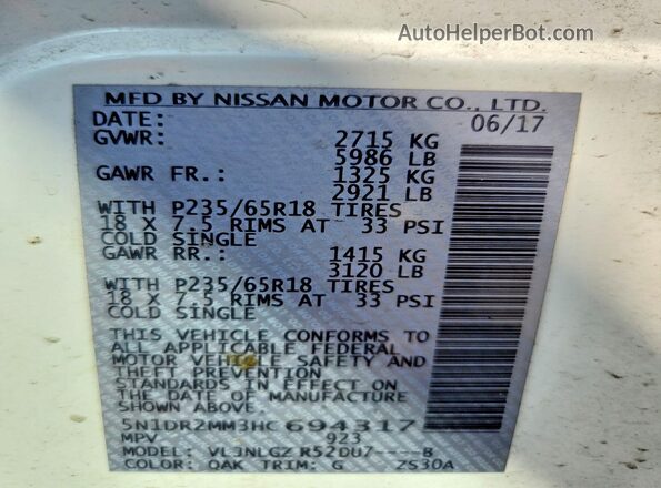 5N1DR2MM3HC694317 2017 NISSAN PATHFINDER White Вид наклейки з VIN-кодом