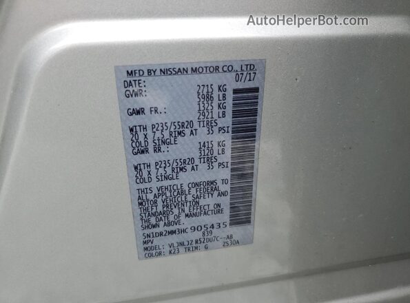 5N1DR2MM3HC905435 2017 NISSAN PATHFINDER Серебряный Вид наклейки с VIN-кодом