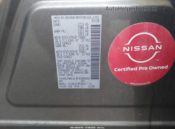 5N1DR2MM3JC650002 2018 NISSAN PATHFINDER Серый Вид подкапотного пространства