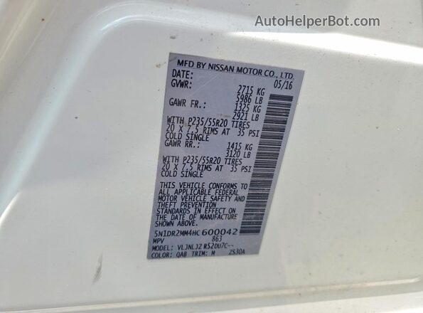 5N1DR2MM4HC600042 2017 NISSAN PATHFINDER White Widok naklejki z numerem VIN