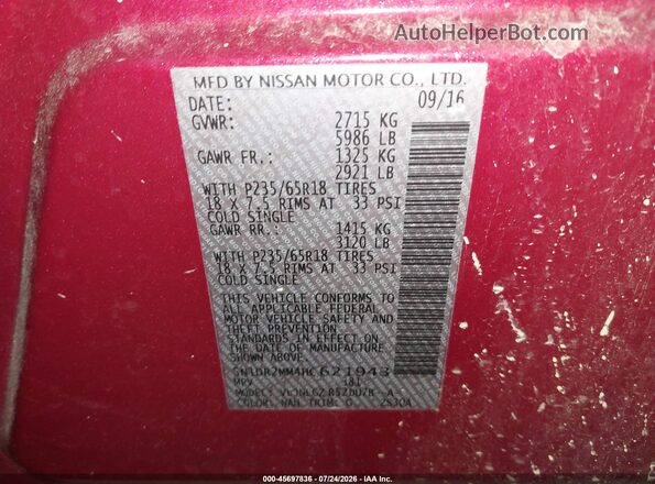 5N1DR2MM4HC621943 2017 NISSAN PATHFINDER Red Vista del compartimento del motor