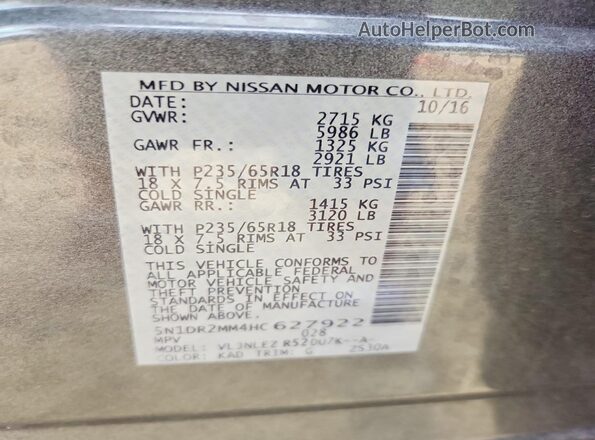 5N1DR2MM4HC627922 2017 NISSAN PATHFINDER Gray Widok naklejki z numerem VIN
