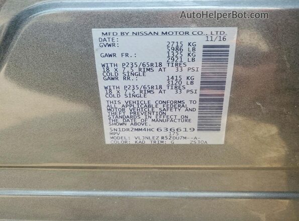 5N1DR2MM4HC636619 2017 NISSAN PATHFINDER Gray Widok komory silnika