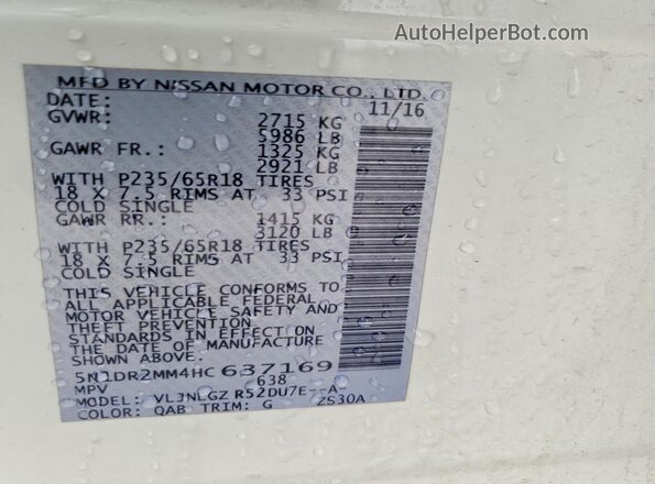 5N1DR2MM4HC637169 2017 NISSAN PATHFINDER White VIN կոդի պիտակի տեսք